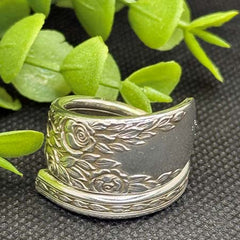 Vintage Silver-Plated Rose & Leaf Wrap Spoon Ring